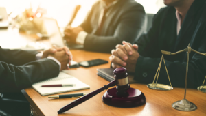 commercial law attorney having a discussion with clients